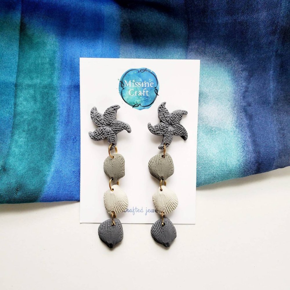 Earrings Star fish Dangle Polymer clay Handmade